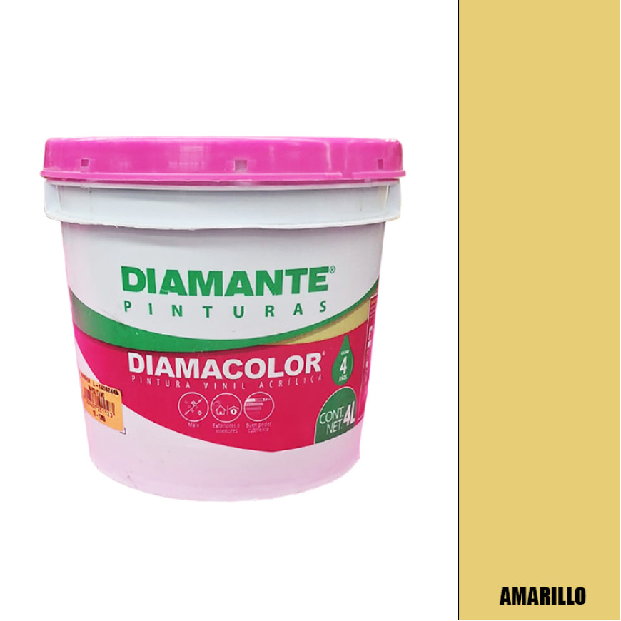 PINTURA VINILICA DIAMACOLOR AMARILLO 4 LITROS INTERIOR Y EXTERIOR LAVABLE.