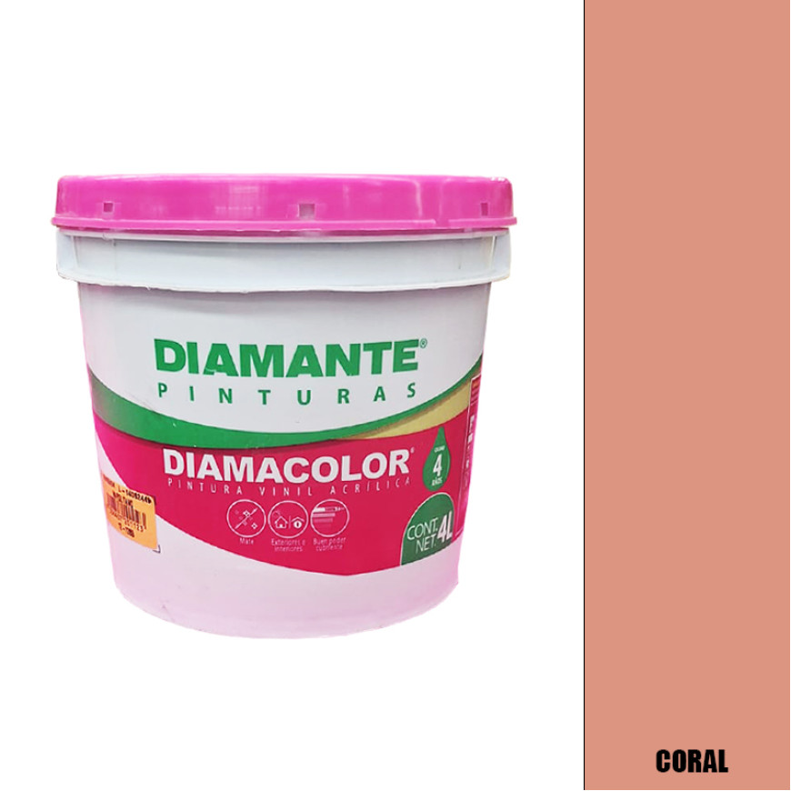 PINTURA VINILICA DIAMACOLOR CORAL 4 LITROS INTERIOR Y EXTERIOR LAVABLE.