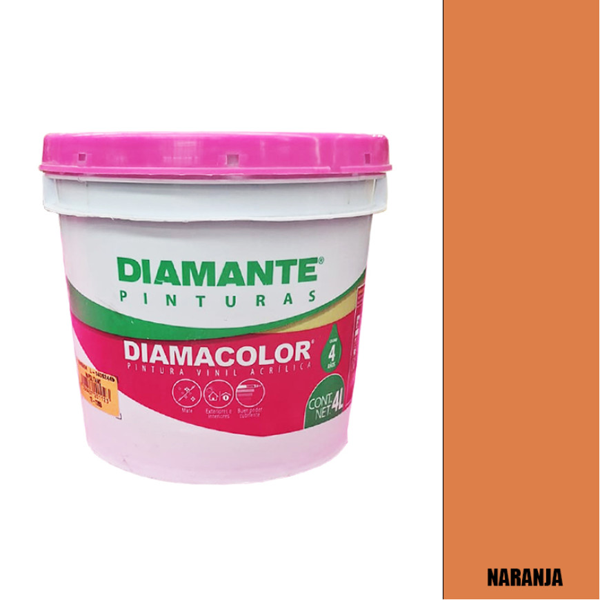 PINTURA VINILICA DIAMACOLOR NARANJA 4 LITROS INTERIOR Y EXTERIOR LAVABLE.