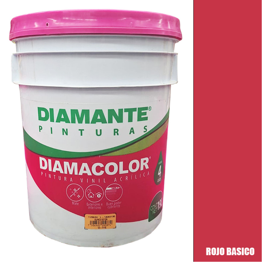 PINTURA VINILICA DIAMACOLOR ROJO BASICO 19LTS INTERIOR Y EXTERIOR LAVABLE.