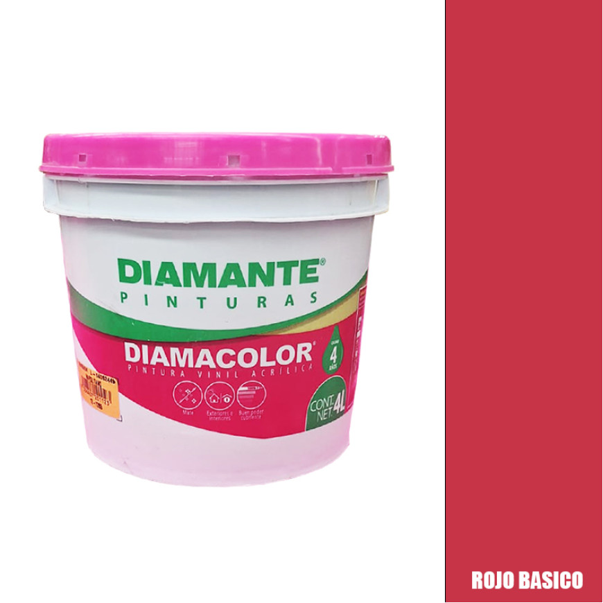 PINTURA VINILICA DIAMACOLOR ROJO BASICO 4 LITROS INTERIOR Y EXTERIOR LAVABLE.