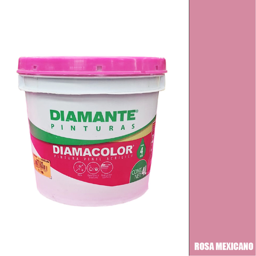 PINTURA VINILICA DIAMACOLOR ROSA MEXICANO 4 LITROS INTERIOR Y EXTERIOR LAVABLE.
